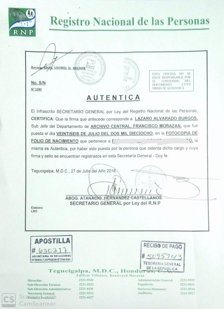 Copia De Folio De Nacimiento Certificada En Honduras Como Requisito Para La Residencia Americana 6102