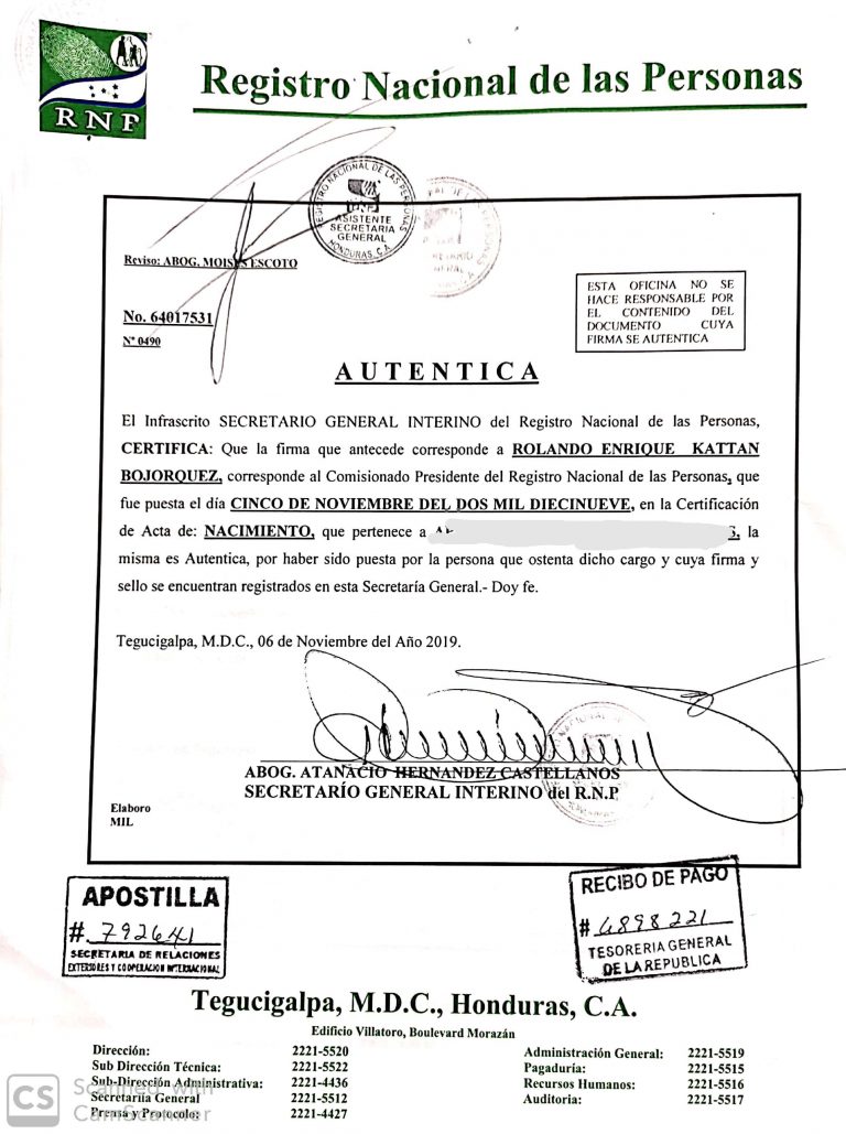 Certificación De Acta De Nacimiento Apostillada En Honduras Tramites Hn 4967